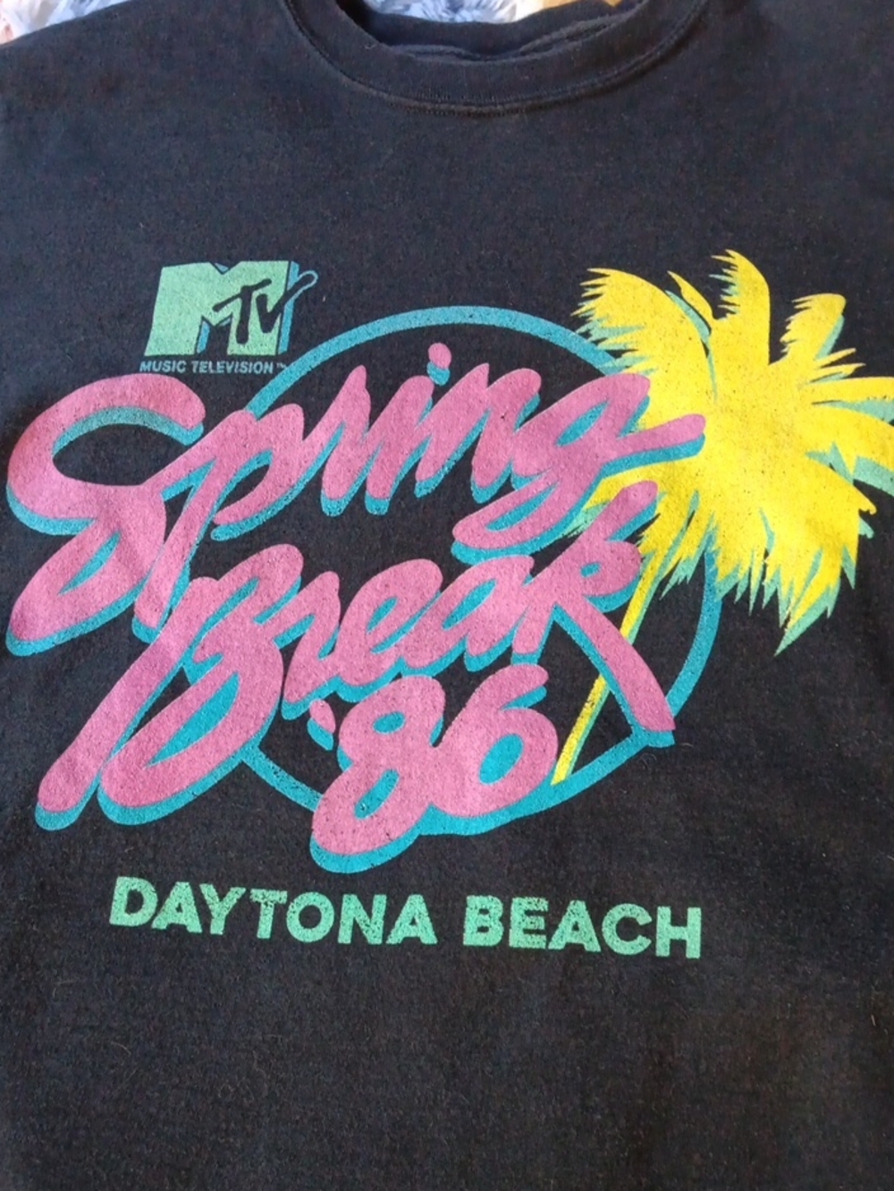 MTV Black Crewneck with Pink, Teal and Yellow Spring Break Graphic